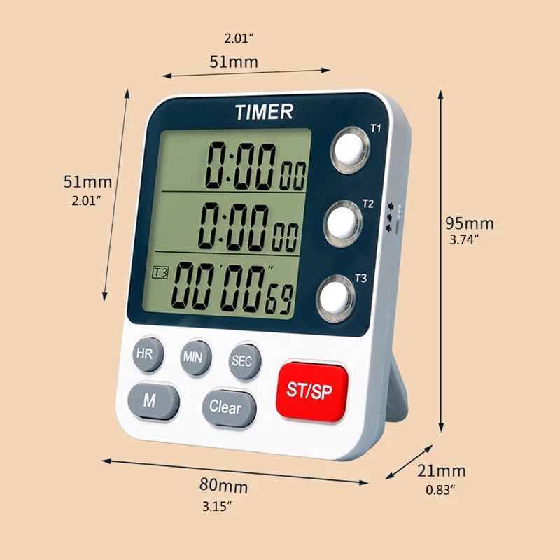 Digital Kitchen Timer, Cooking Timer, Count Up and Down Timer for Loud Alarm, Classroom, Bathroom, 3 Channels